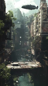 Skyship above drowned ruins in lush postcity canyon.