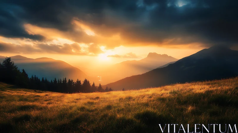 Sunfire meadow meets brooding mountains at stormlit dusk.