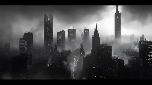 Noir mega city skyline under dense industrial fog.