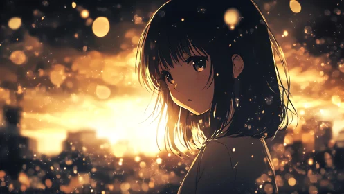 Twilight city girl wrapped in drifting embers of memory.