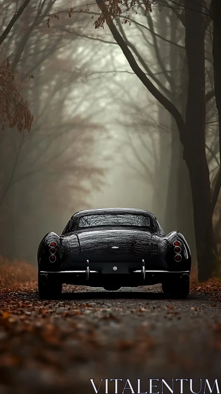Classic black coupe on wet forest road in autumn fog.