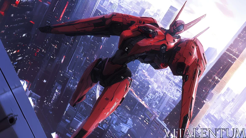 Red assault mecha hovers above neon futuristic megacity.