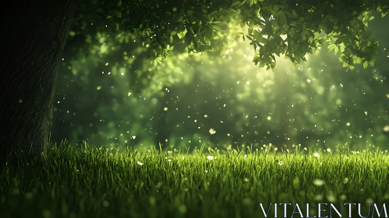 Sunlit forest grass under leafy tree canopy at golden hour.