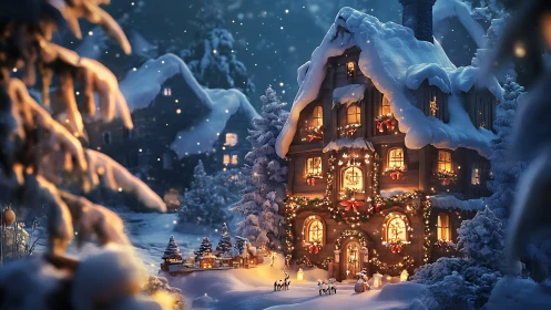 Warmly illuminated chalet showcases ornate festive lighting design