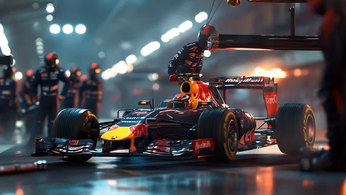 Formula race car in high pressure pit stop at night.