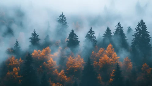 Coniferous forest with fog and autumn foliage layering.