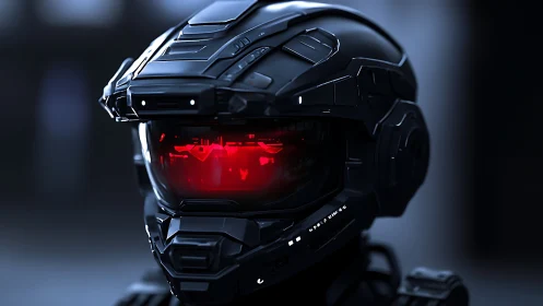 Tactical combat helmet glows with ominous red visor light.