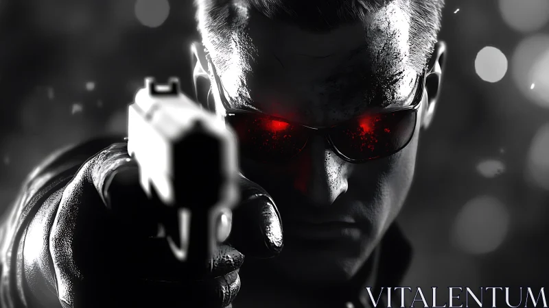 Monochrome gunman with red glowing eyes aims handgun directly forward
