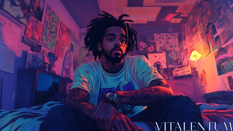 Moody bedroom portrait in neon magenta and cyan lighting.