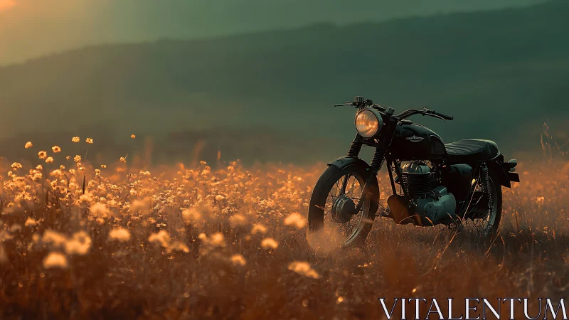 Vintage roadster motorcycle in backlit wildflower meadow at dusk.
