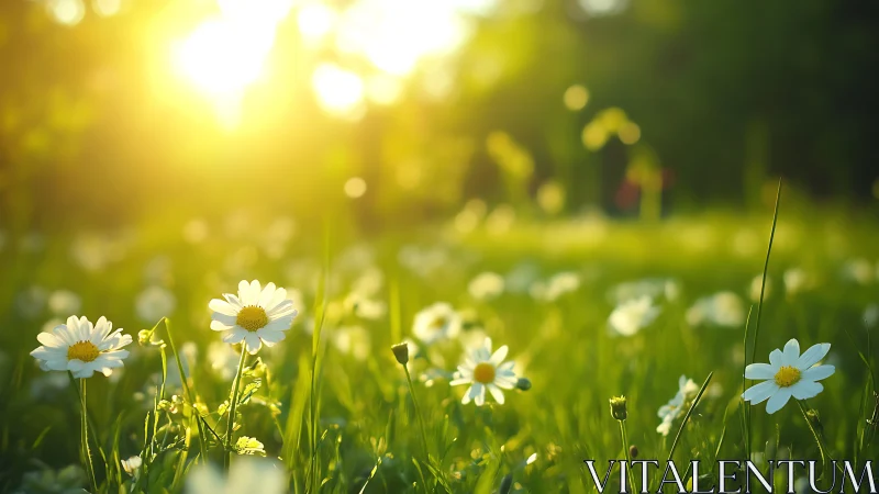 Backlit daisy meadow under shallow depth field illumination.
