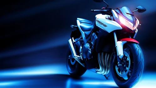 Midnight sport bike ignites electric blue studio shadows.
