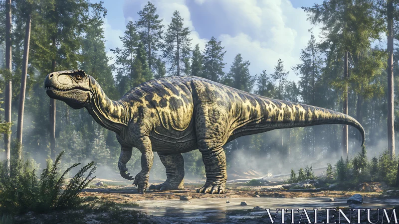 Gentle giant dinosaur wandering through a misty forest.