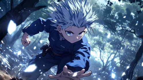 Silver haired anime fighter sprinting through forest scene.