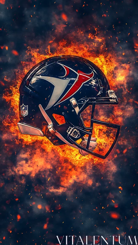 American football helmet suspended amid stylized inferno flames