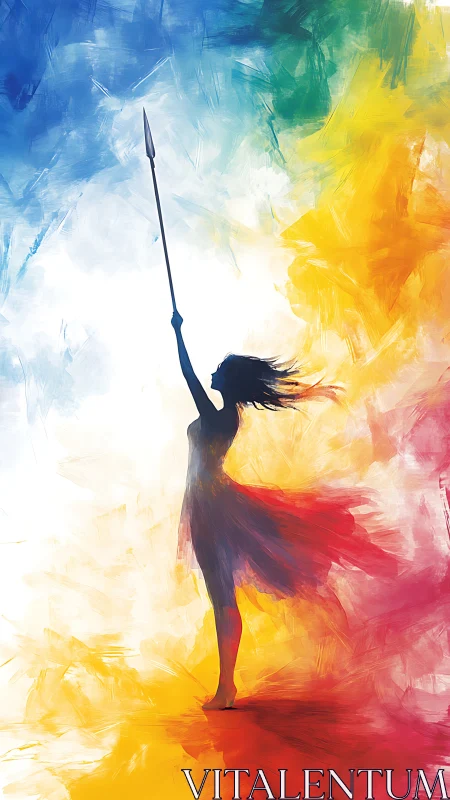 Silhouetted figure holds spear against multicolor abstract field