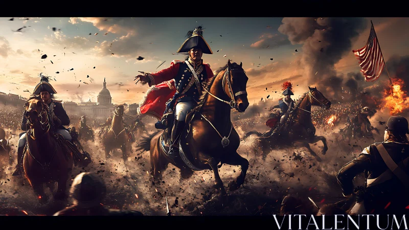 Digital cavalry charge storms neoclassical city in fiery battle