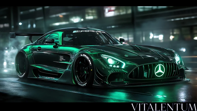 Green-lit racing coupe on wet urban street at night.