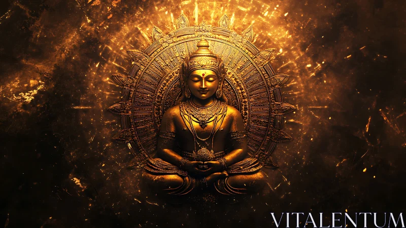 Golden seated deity statue with radiant circular halo.
