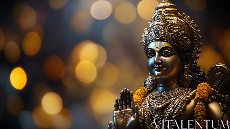 Golden deity statue amid gentle festive lights at dusk.