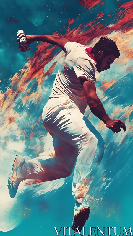 Soaring cricket athlete leaps through bold fiery skies