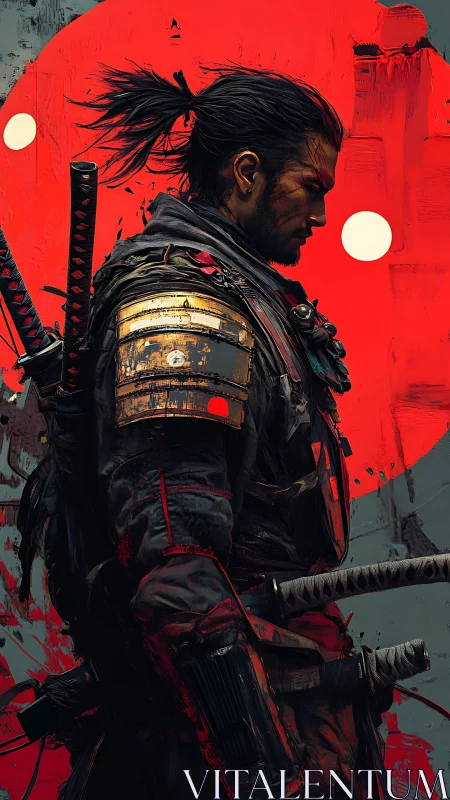 Lone samurai stands in bold red light, ready for battle