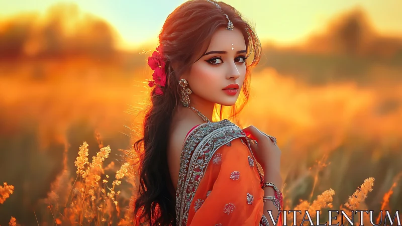 Portrait of woman in orange sari at golden sunset field.