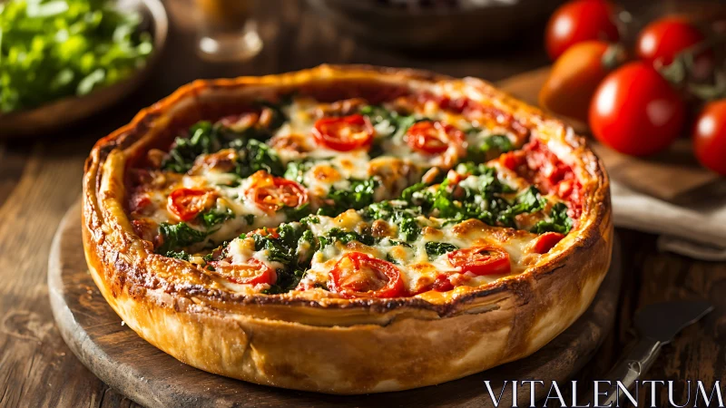 Deep-dish vegetable pizza rests on rustic wooden board