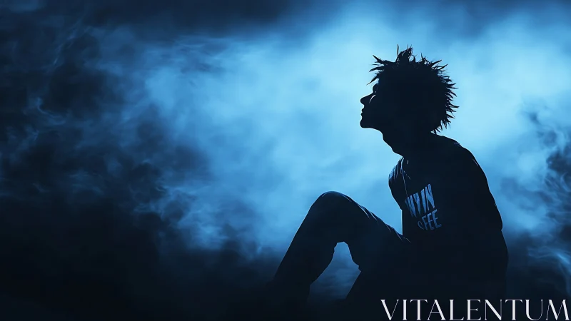 Silhouette youth in blue fog under strong backlight glow.