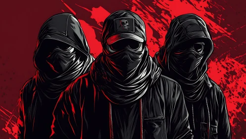 Hooded masked figures in red and black digital artwork.