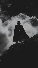 Silhouetted armored figure on rocky ridge under clouded night sky.