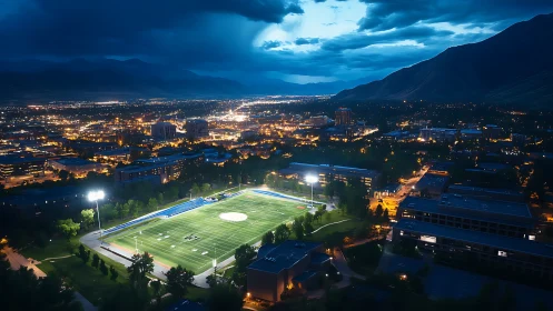 Midnight stadium glow cradled by misty mountains and city lights.