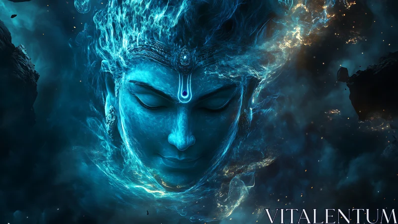 Cosmic blue divine face emerging from swirling nebula.