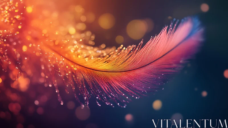 Iridescent feather sails through molten twilight bokeh seas