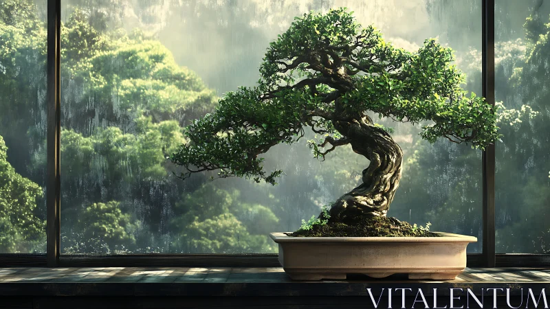 Rainlit bonsai guardian framed by misted forest glass.