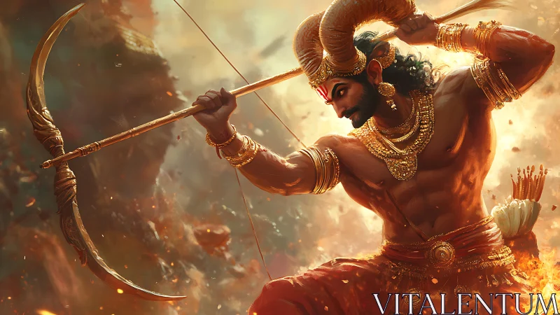 Mythic archer warrior draws gilded bow amid swirling embers