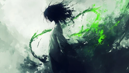 Mysterious figure commands swirling green energy in silence