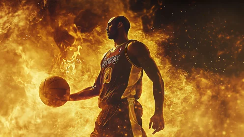 Fiery basketball star walking through glowing golden flames.