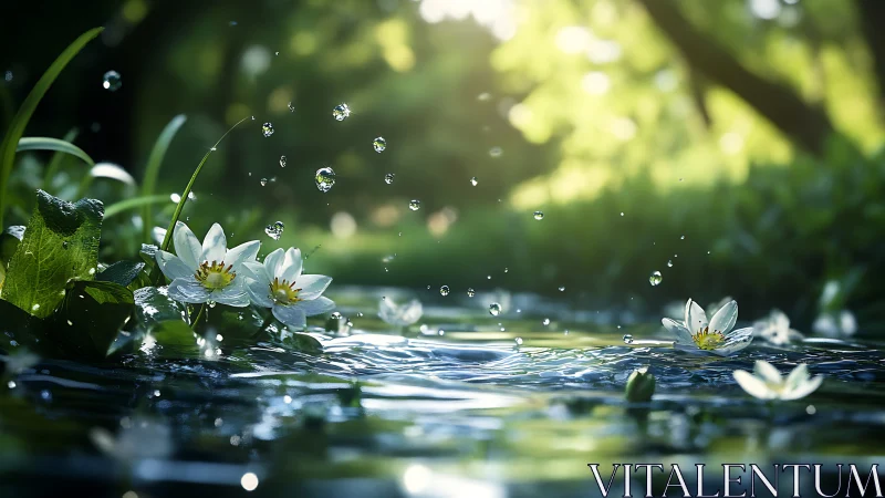 Sunlit water lilies amid splashing forest stream droplets.