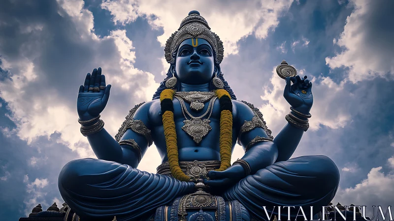 Majestic blue deity statue sits serenely beneath stormy skies
