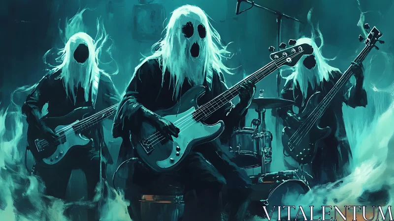 Ghostly rock band performing in eerie teal stage fog.