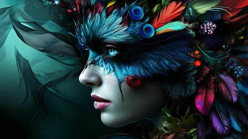 Mystical feathered woman gazes through vivid fantasy plumage.