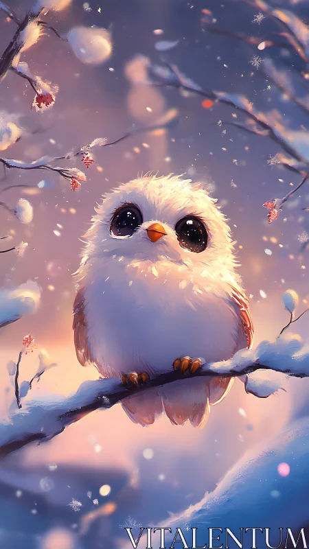 Snowy dawn songbird with starry eyes on frosted branch.