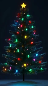 Cozy Christmas tree glowing with colorful holiday lights.