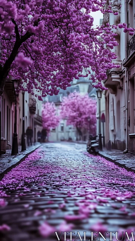 Cobbled street lies under dense canopy of pink blossom