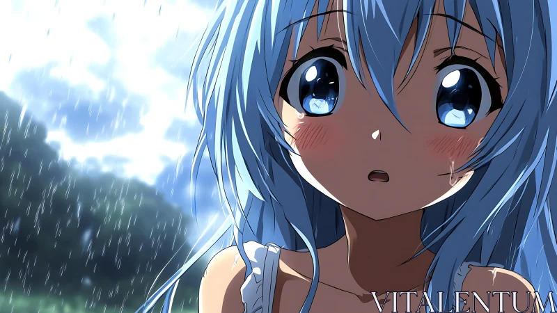 Blue haired anime girl stands stunned in summer rain