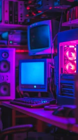 Retro neon computer setup glows in a nostalgic gaming den