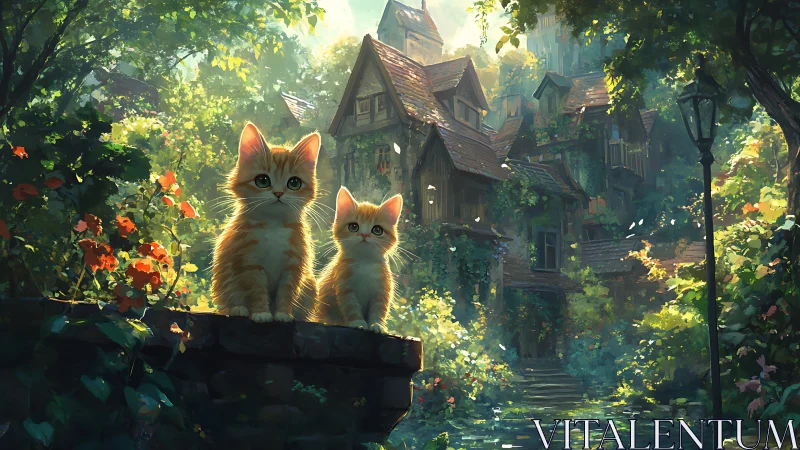 Two Kittens in Architectural Garden With Overgrown Structures