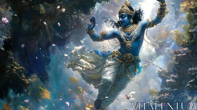 Divine blue deity dances through luminous celestial clouds.