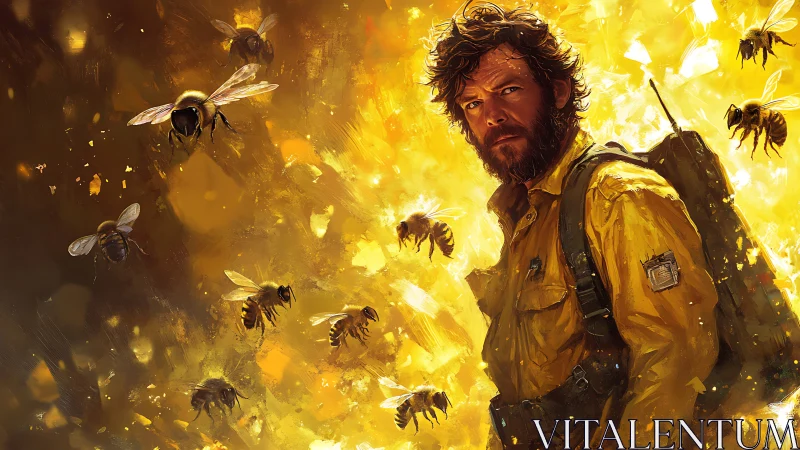 Beekeeper in protective gear stands amid digitally rendered bees